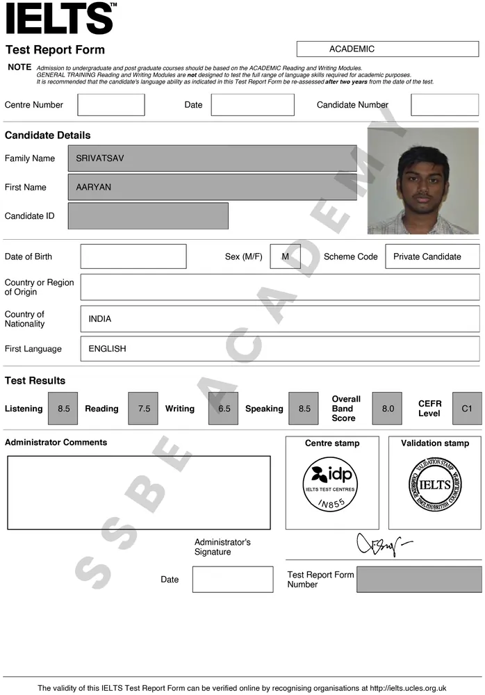 SSBE Academy student result card