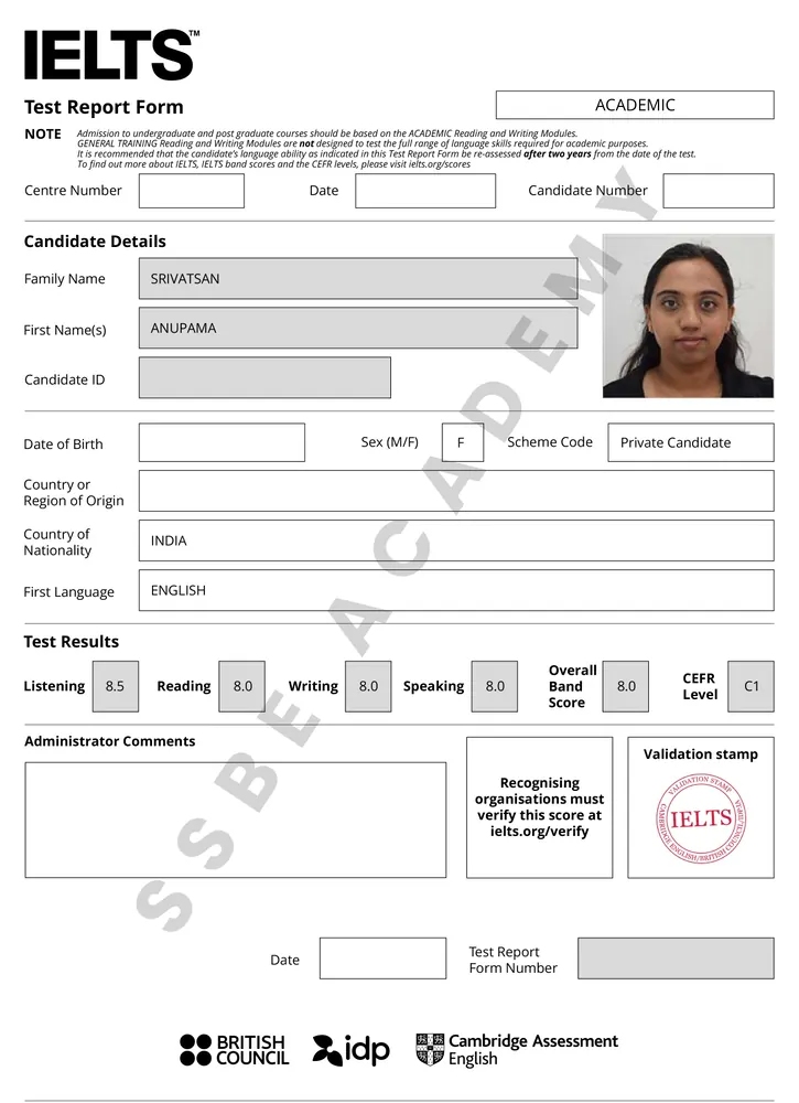 SSBE Academy student result card