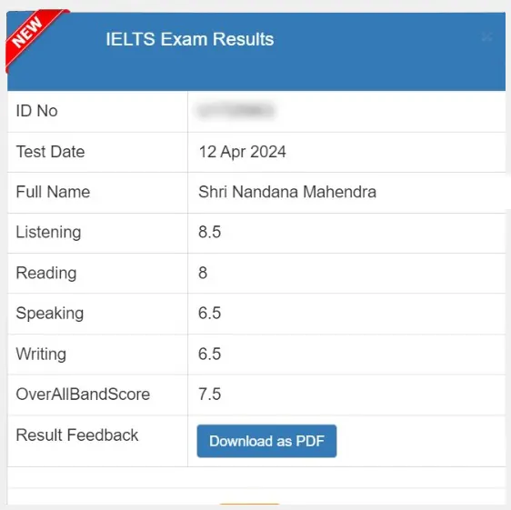 SSBE Academy student result card