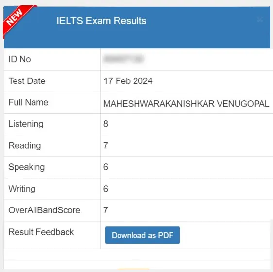 SSBE Academy student result card