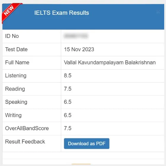 SSBE Academy student result card