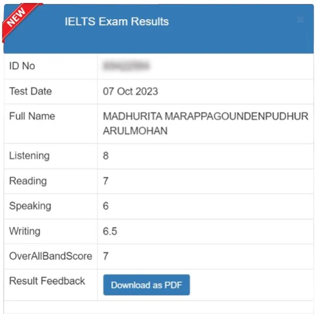 SSBE Academy student result card