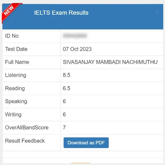SSBE Academy student result card