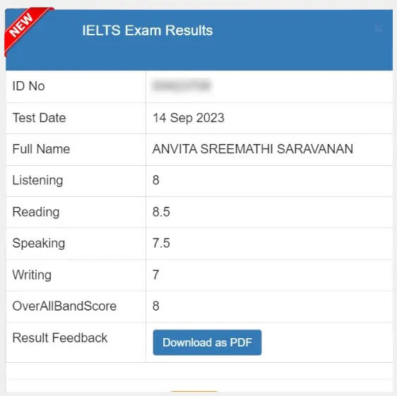 SSBE Academy student result card