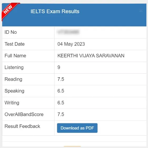 SSBE Academy student result card