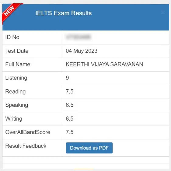 SSBE Academy student result card