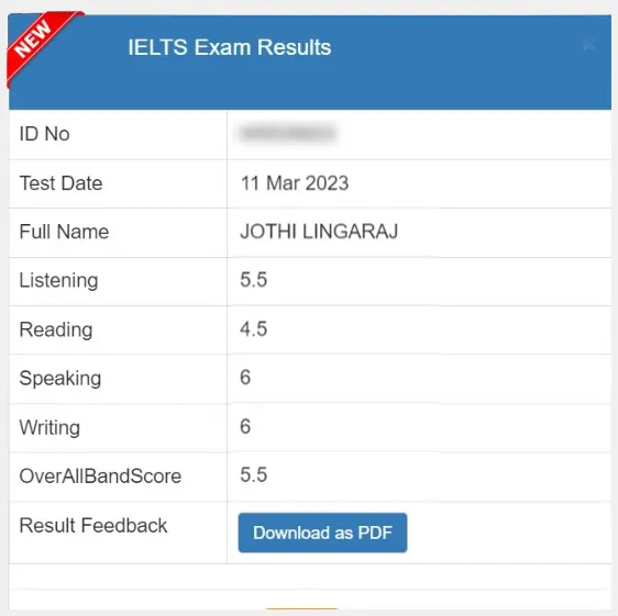 SSBE Academy student result card