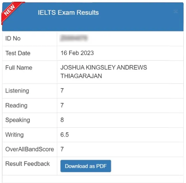 SSBE Academy student result card