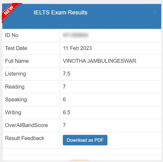 SSBE Academy student result card