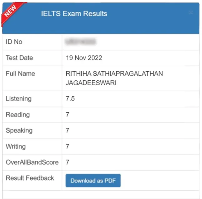 SSBE Academy student result card