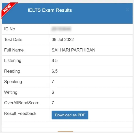 SSBE Academy student result card
