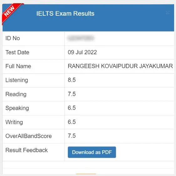 SSBE Academy student result card