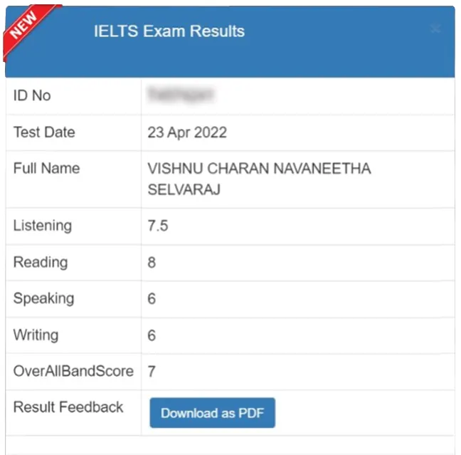 SSBE Academy student result card