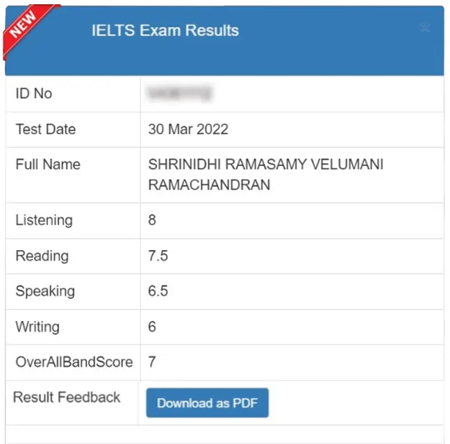 SSBE Academy student result card