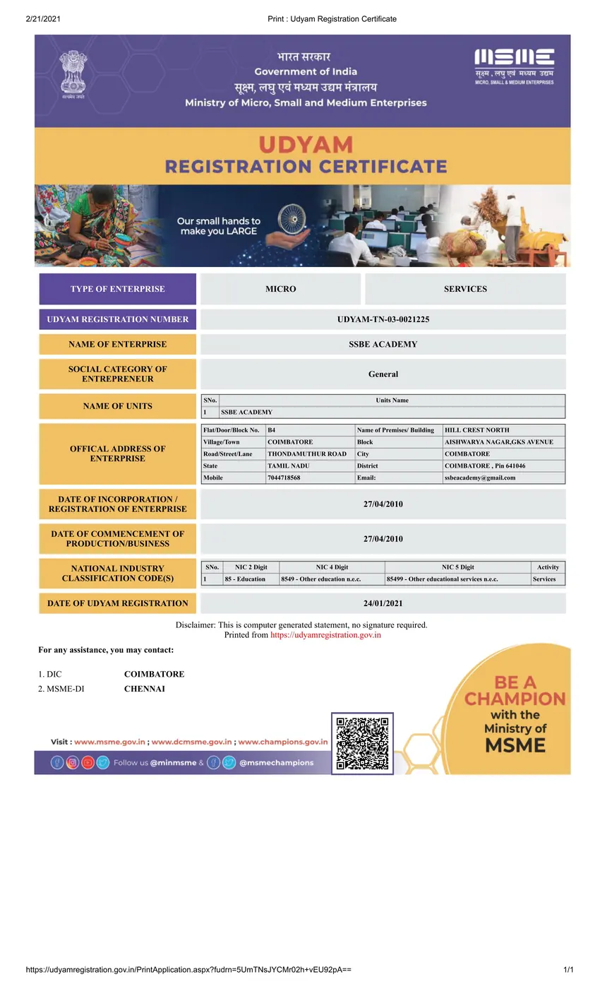 Udyam MSME registration certificate for SSBE Academy