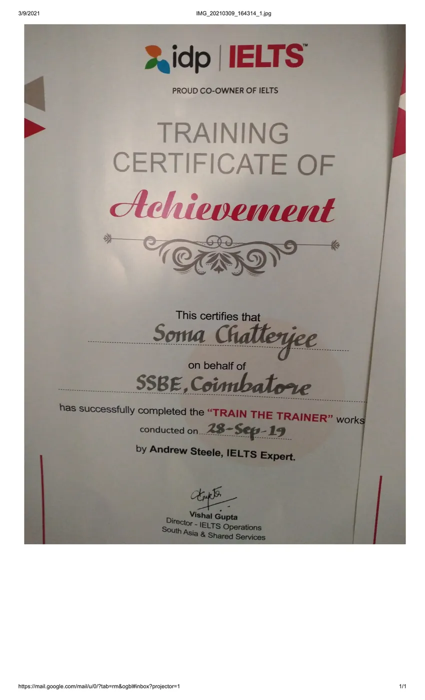 IELTS Train the Trainer certificate of achievement awarded to Soma Chatterjee, SSBE Coimbatore